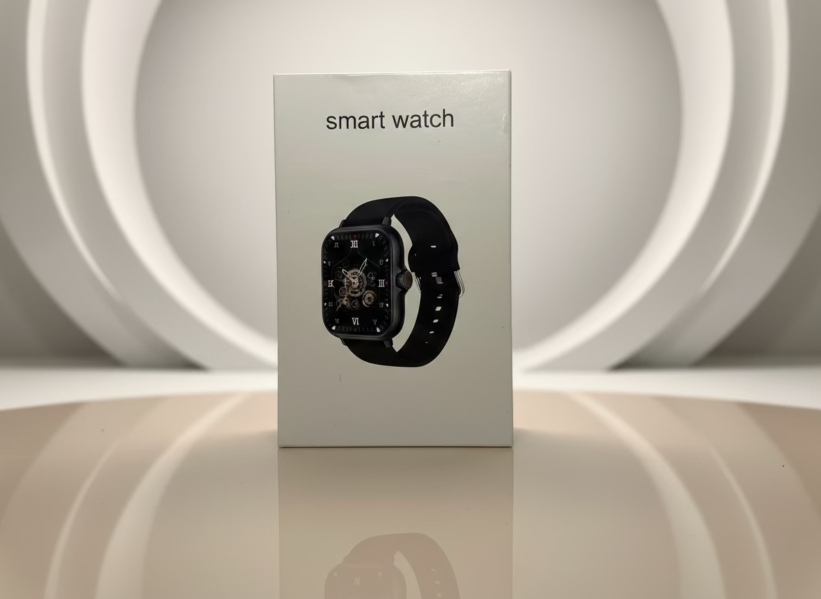 Box for a smart watch with a black strap on a white background