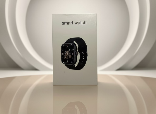 Box for a smart watch with a black strap on a white background